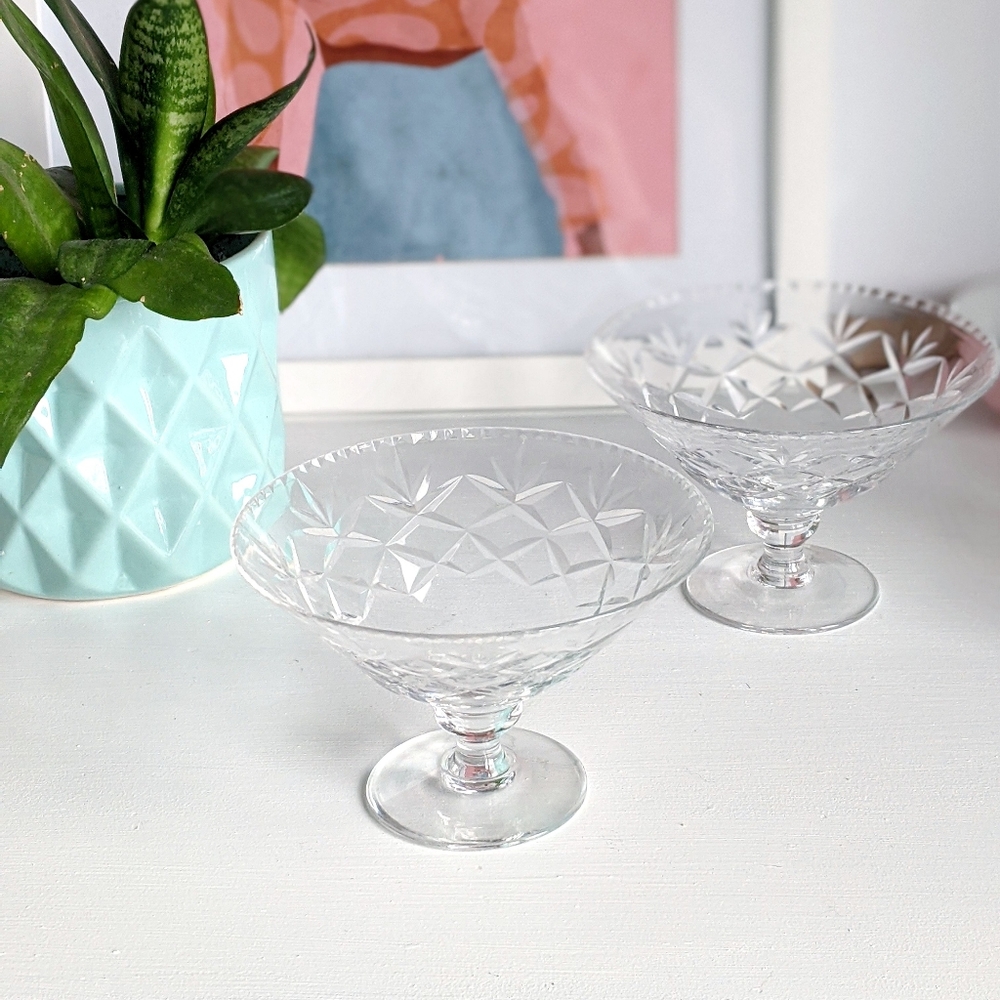 set of two etched vintage glass ice cream bowls